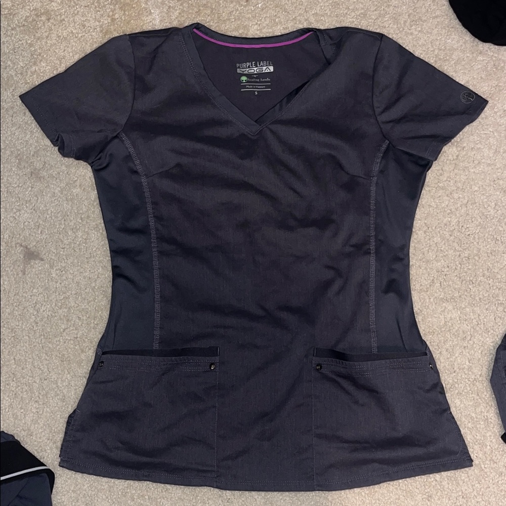 Healing Hands Dark Gray V-Neck Short Sleeve Top